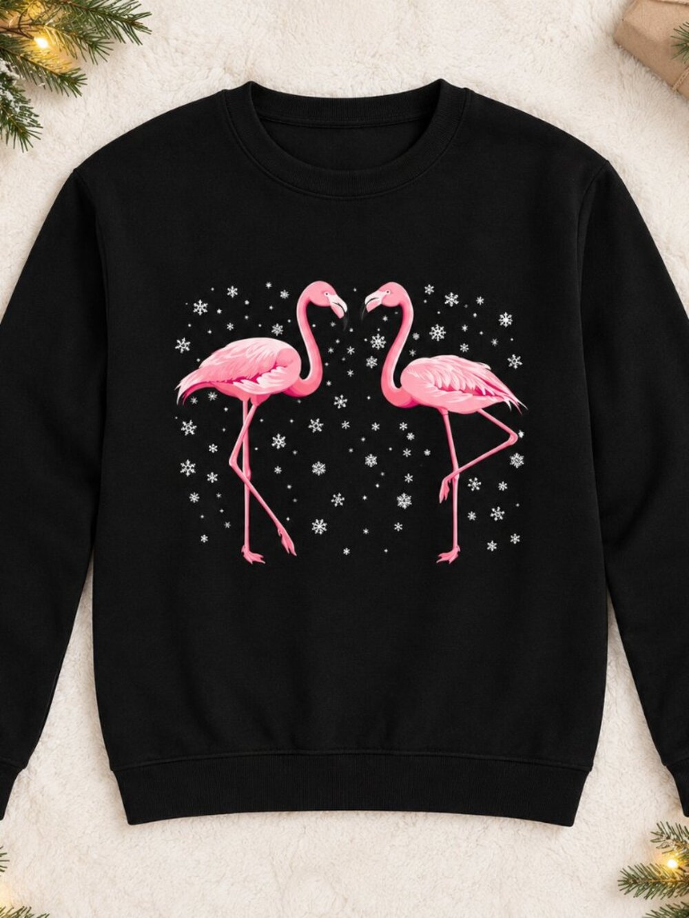 Pink Flamingo Christmas Sweatshirt Black Snowflakes Cute Holiday Gift for Her